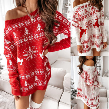 Ladies Christmas Jacquard Loose-fitting Knitted Long-sleeved Dress
